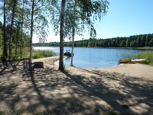 Our sandy beach in Fishing Cottage Jokiniemi on Lake Saimaa, Finland